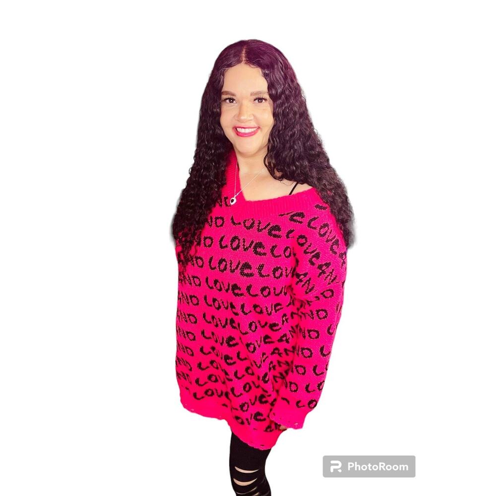 Brand New Pink And Black Love Sweater 2X Ripped Valentines Day Top